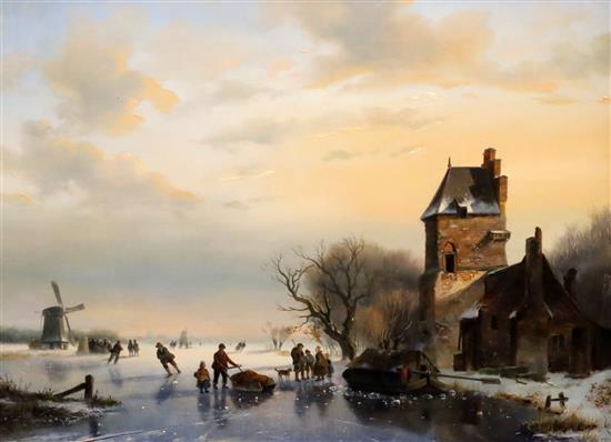 Johannes Jacobus Freudenberg (1838-73) Figures skating in a winter landscape 15.5 x 21.25in.